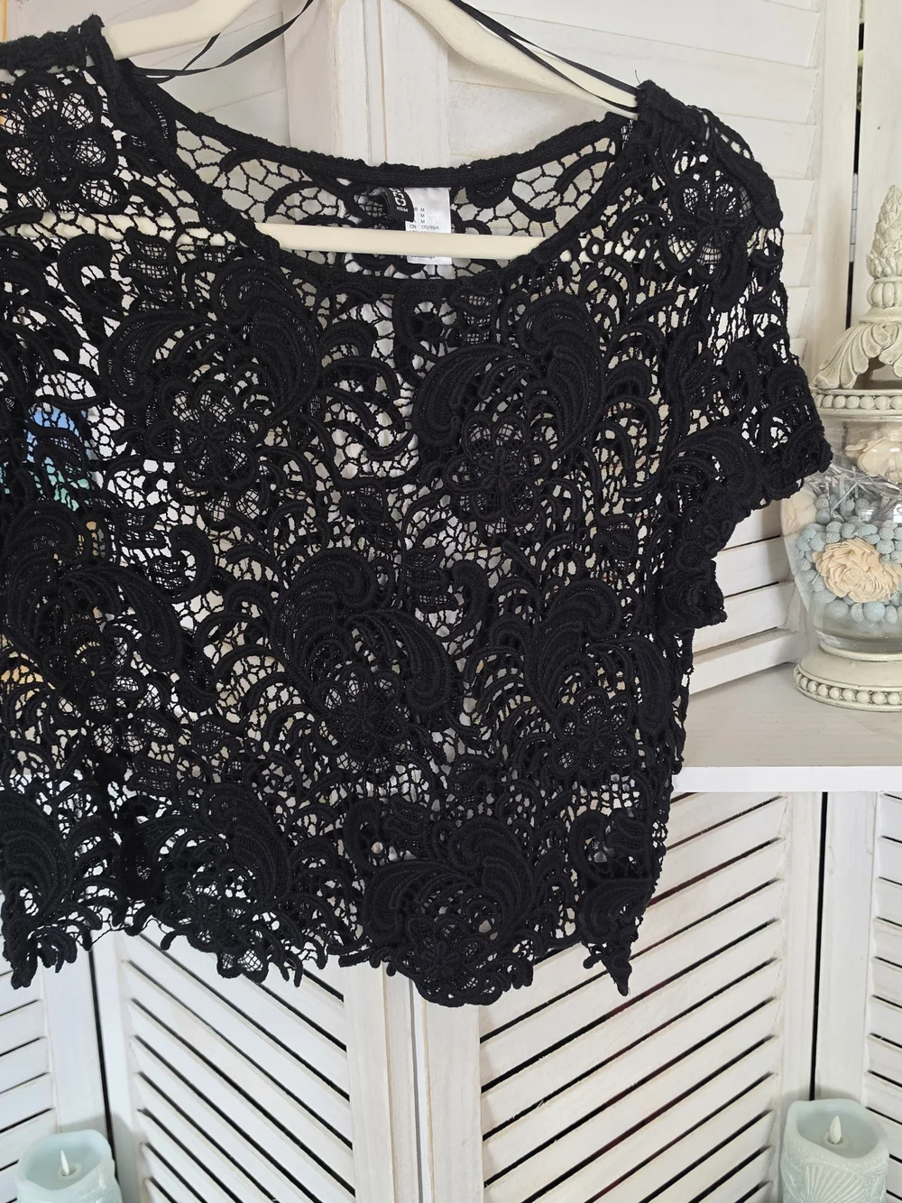 H&M Black Crochet Lace Short Sleeve Top SZ M | Shabby Chic, Romantic, Party